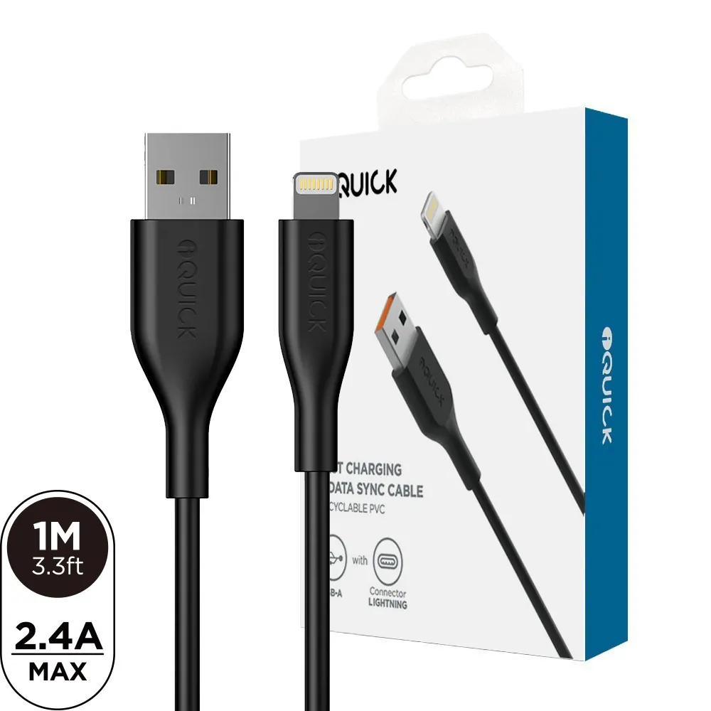 iQuick USB-A to Lightning Fast Charging Cable 1M (Black)