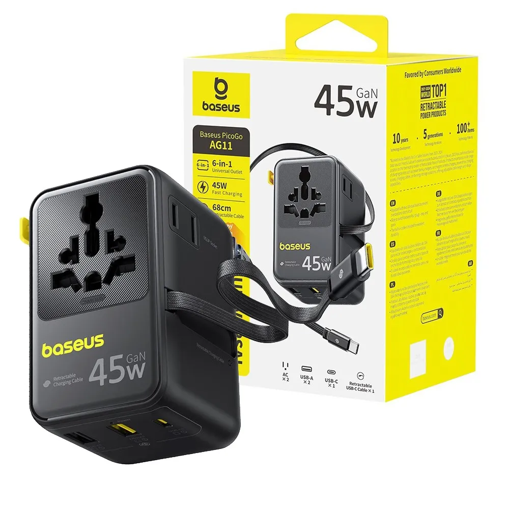 Baseus PicoGo AG11 Universal Travel Adapter with Retractable Cable 2AC+2U+2C 45W